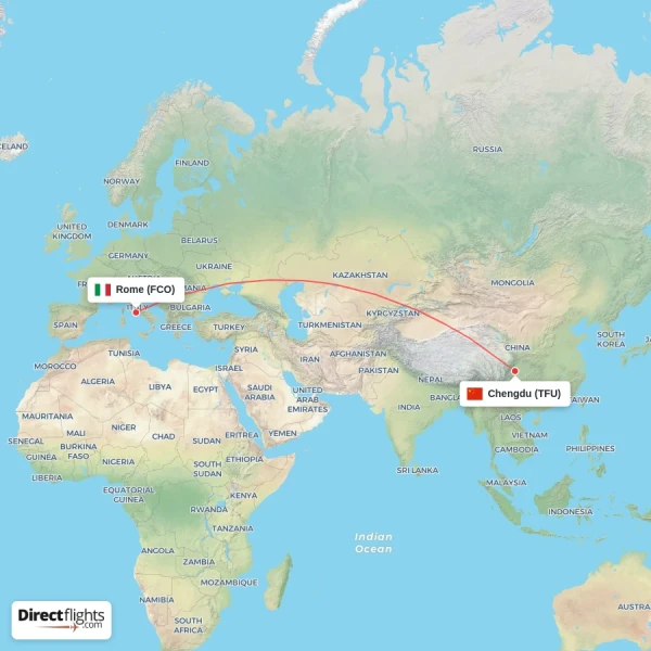 Rome - Chengdu direct flight map