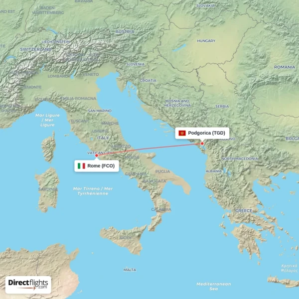 Rome - Podgorica direct flight map