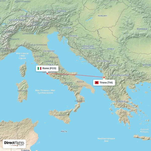 Rome - Tirana direct flight map