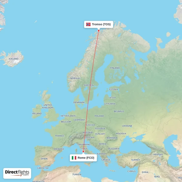 Rome - Tromso direct flight map