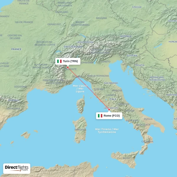 Rome - Turin direct flight map