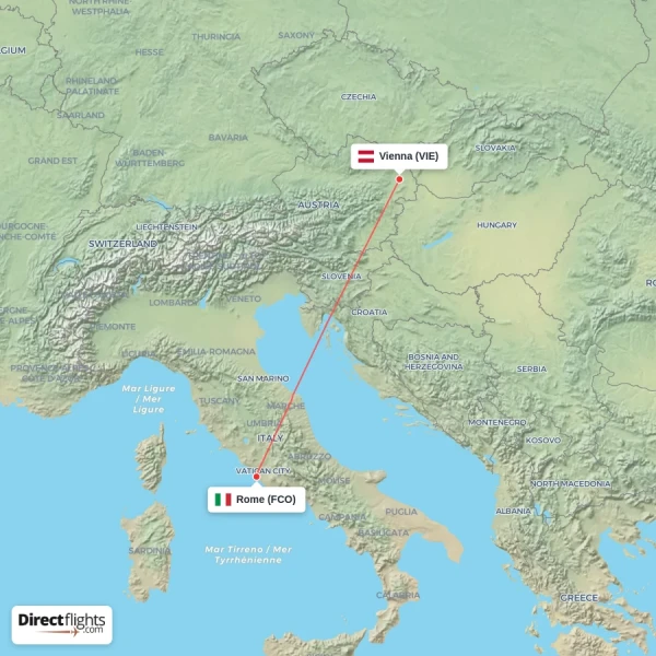 Rome - Vienna direct flight map