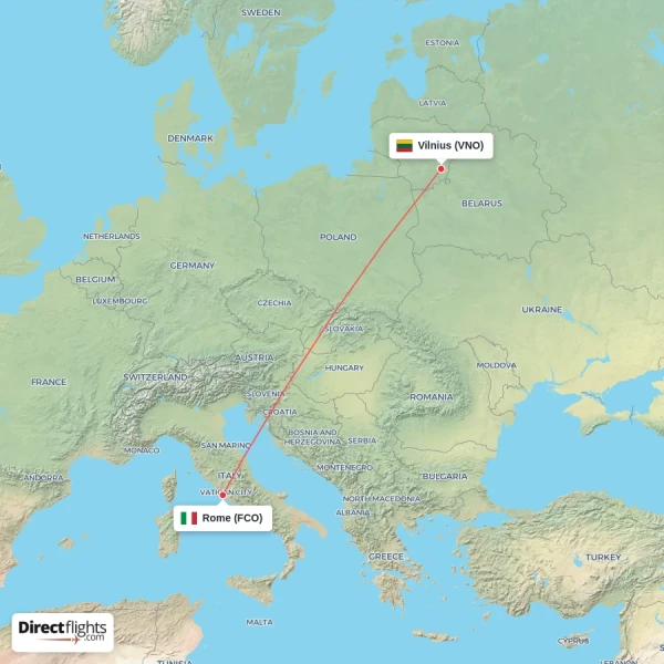 Rome - Vilnius direct flight map