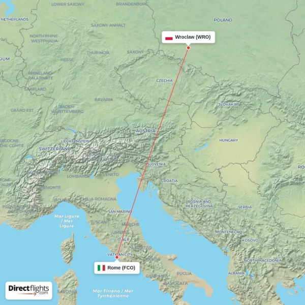 Rome - Wroclaw direct flight map