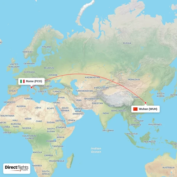 Rome - Wuhan direct flight map