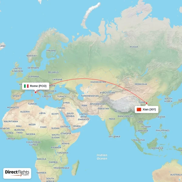 Rome - Xian direct flight map