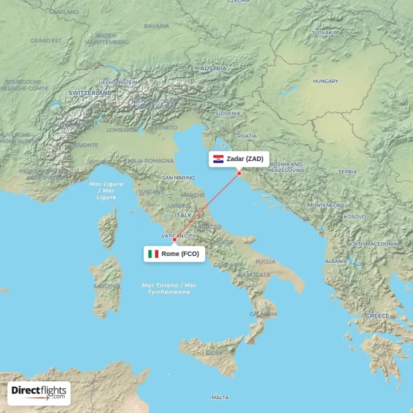 Rome - Zadar direct flight map