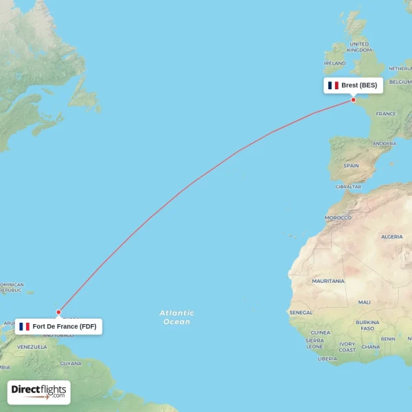 Fort De France - Brest direct flight map