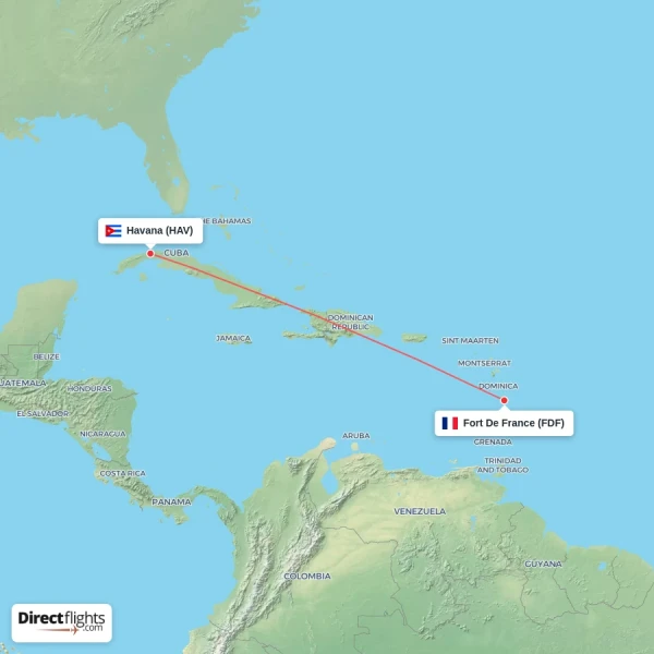 Fort De France - Havana direct flight map