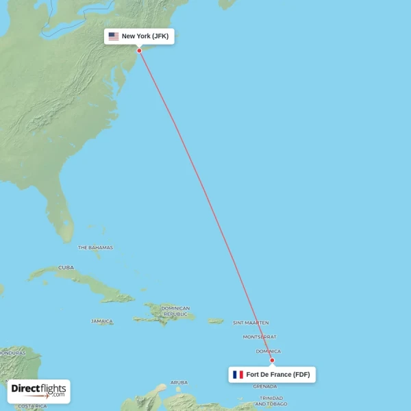 Fort De France - New York direct flight map