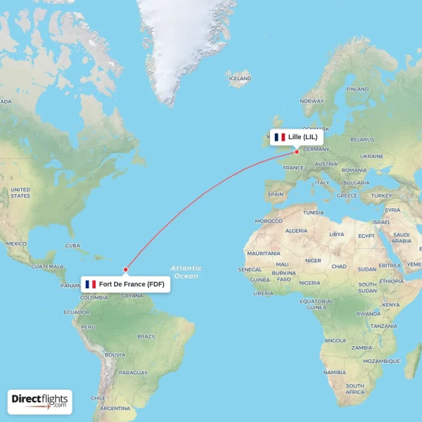 Fort De France - Lille direct flight map
