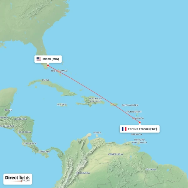 Fort De France - Miami direct flight map