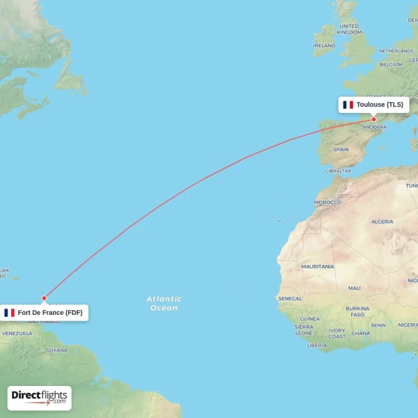 Fort De France - Toulouse direct flight map