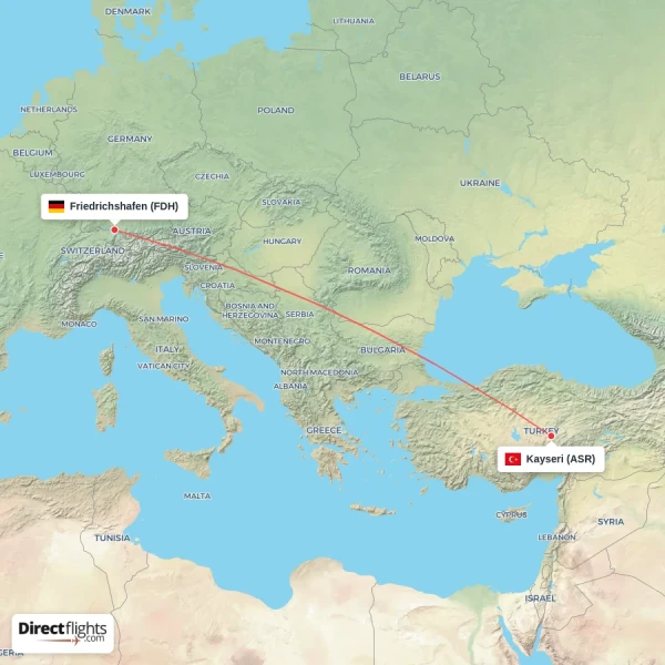 Friedrichshafen - Kayseri direct flight map