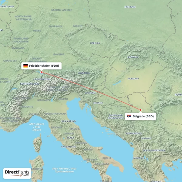 Friedrichshafen - Belgrade direct flight map