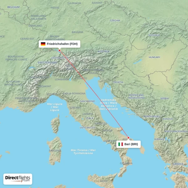 Friedrichshafen - Bari direct flight map
