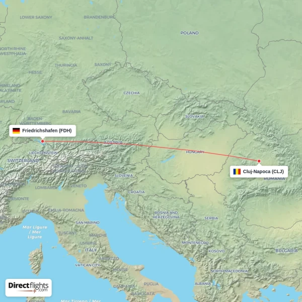 Friedrichshafen - Cluj-Napoca direct flight map