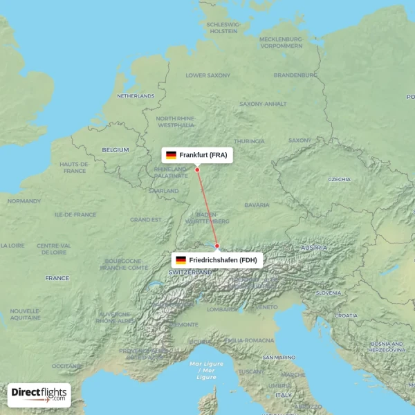 Friedrichshafen - Frankfurt direct flight map