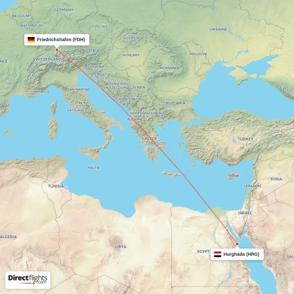 Friedrichshafen - Hurghada direct flight map