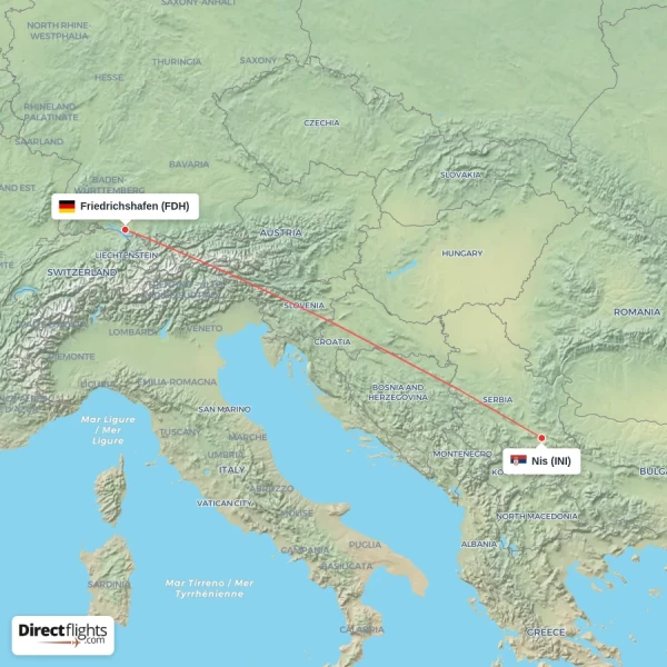 Friedrichshafen - Nis direct flight map
