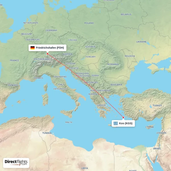 Friedrichshafen - Kos direct flight map