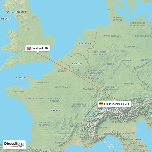 Friedrichshafen - London direct flight map