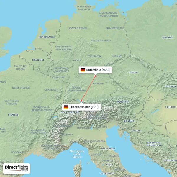 Friedrichshafen - Nuremberg direct flight map