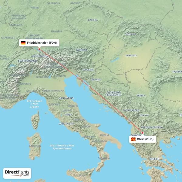Friedrichshafen - Ohrid direct flight map