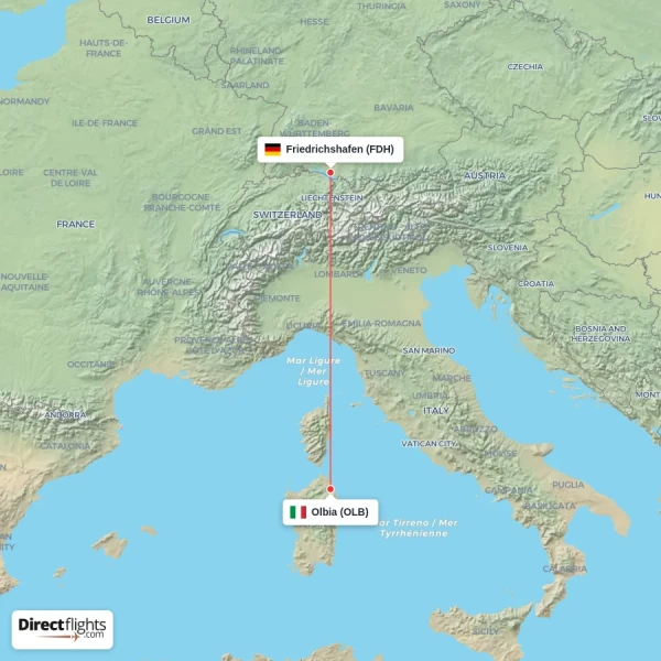 Friedrichshafen - Olbia direct flight map