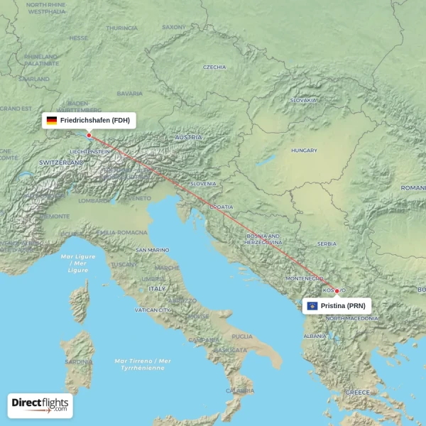 Friedrichshafen - Pristina direct flight map