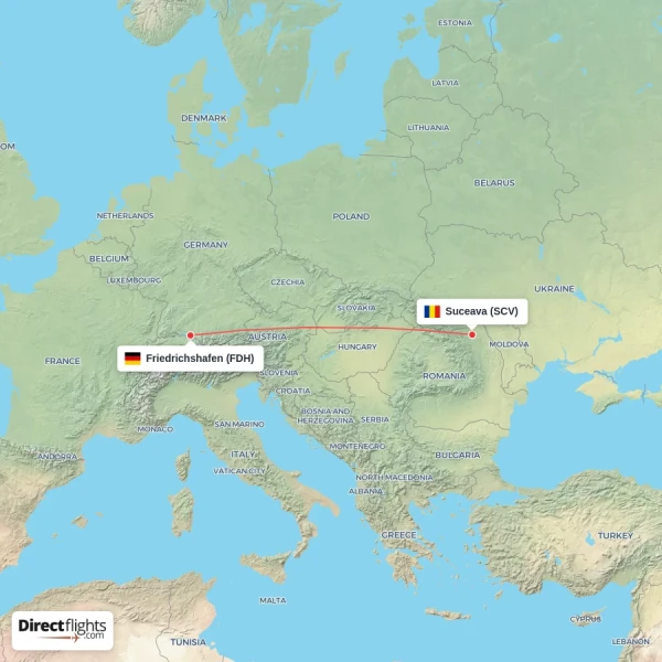 Friedrichshafen - Suceava direct flight map
