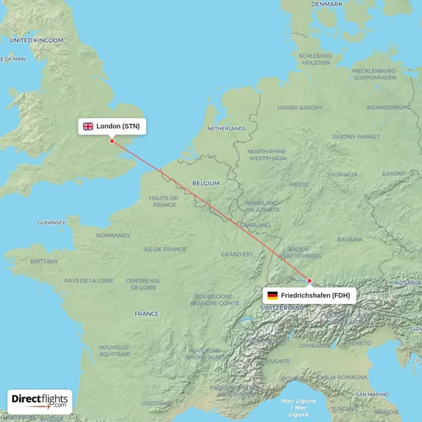 Friedrichshafen - London direct flight map