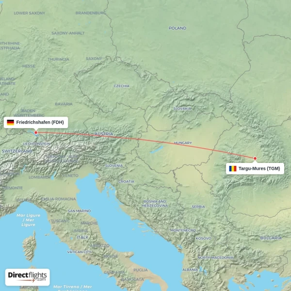 Friedrichshafen - Targu-Mures direct flight map