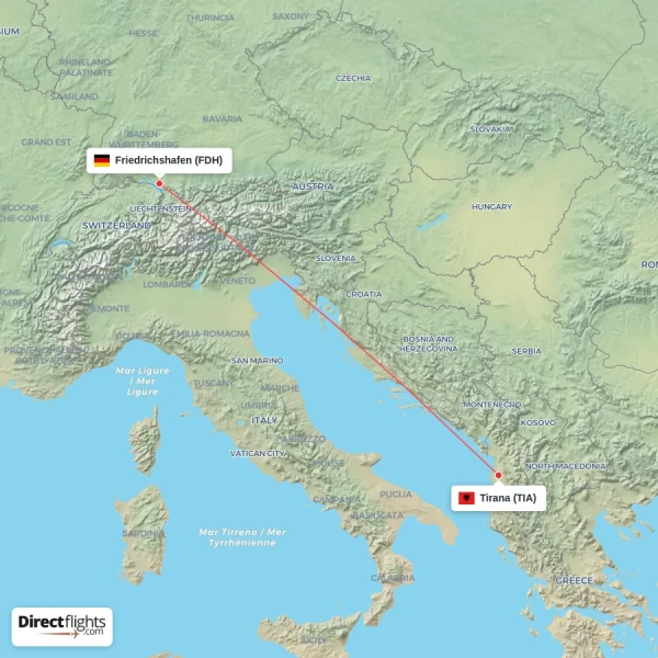 Friedrichshafen - Tirana direct flight map