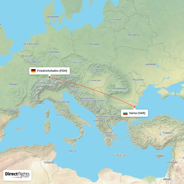 Friedrichshafen - Varna direct flight map