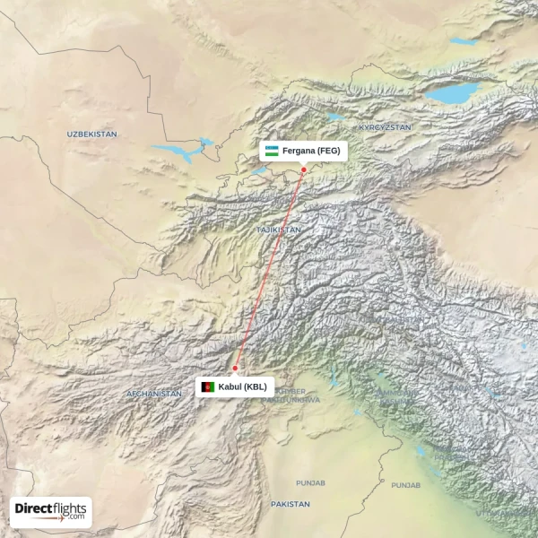 Fergana - Kabul direct flight map