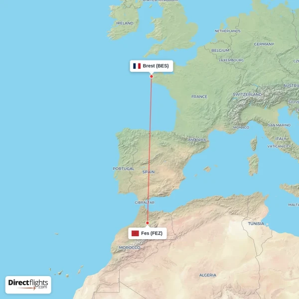 Fes - Brest direct flight map