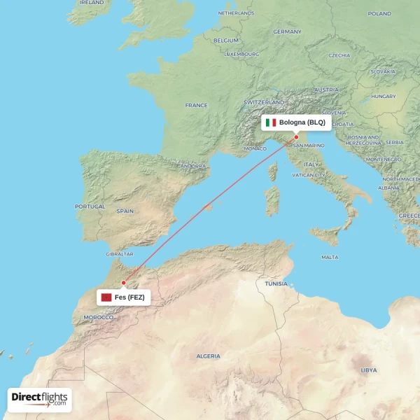 Fes - Bologna direct flight map