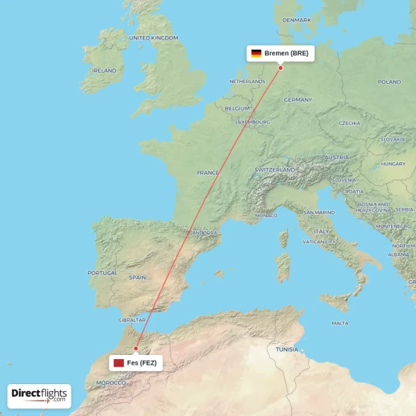 Fes - Bremen direct flight map