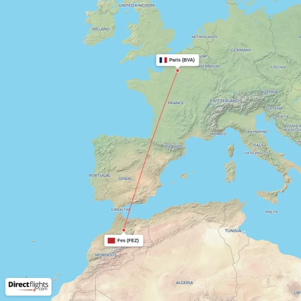 Fes - Paris direct flight map