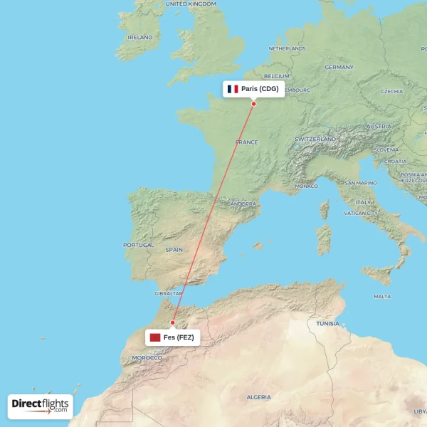 Fes - Paris direct flight map
