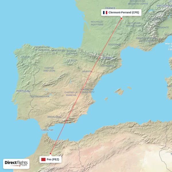 Fes - Clermont-Ferrand direct flight map
