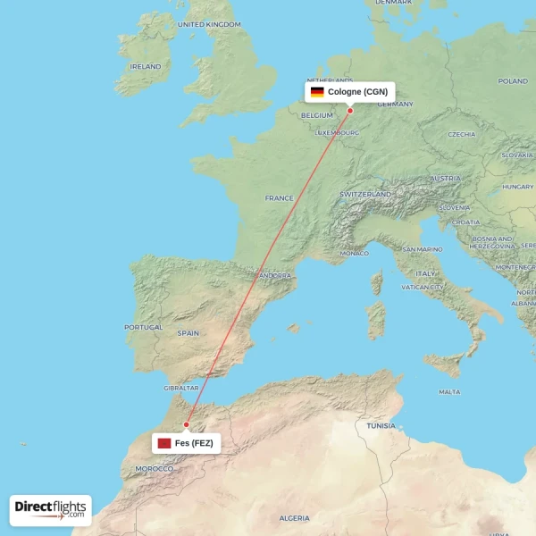 Fes - Cologne direct flight map