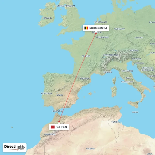 Fes - Brussels direct flight map