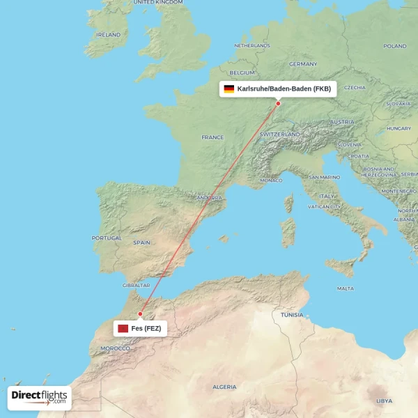Fes - Karlsruhe/Baden-Baden direct flight map