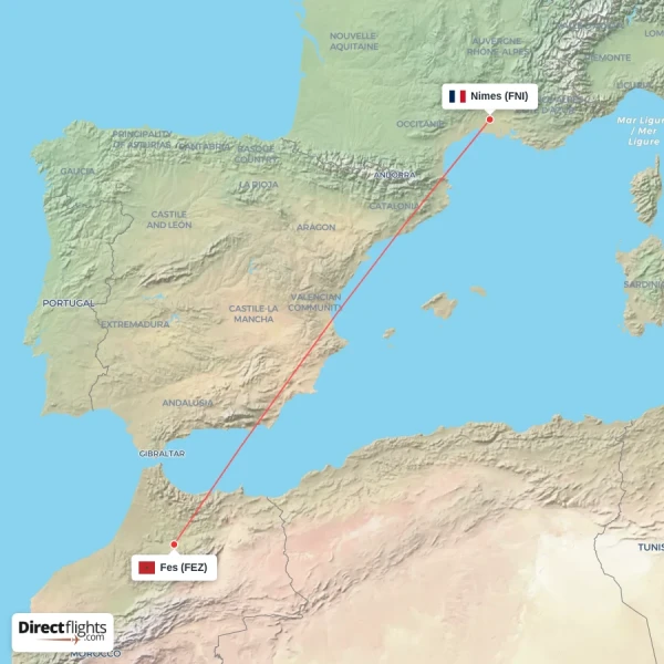 Fes - Nimes direct flight map
