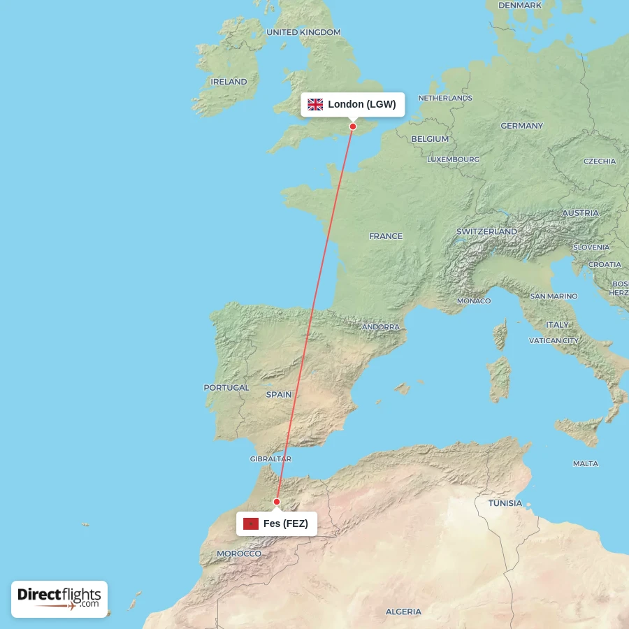 FEZ - LGW route map