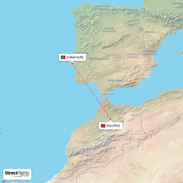 Fes - Lisbon direct flight map