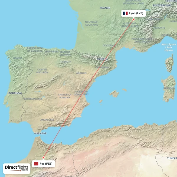 Fes - Lyon direct flight map
