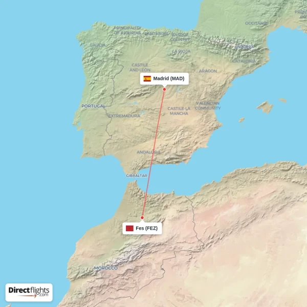 Fes - Madrid direct flight map